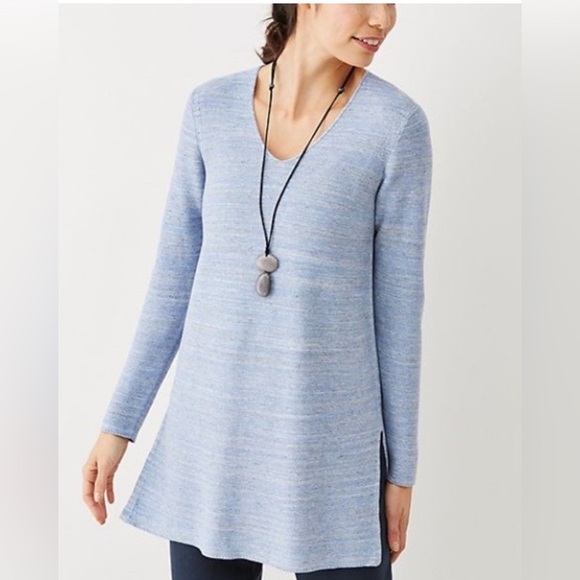 Pure Jill Womens Tunic Sweater XS Blue Textured V-neck Slits Lagenlook Beach - Picture 1 of 12